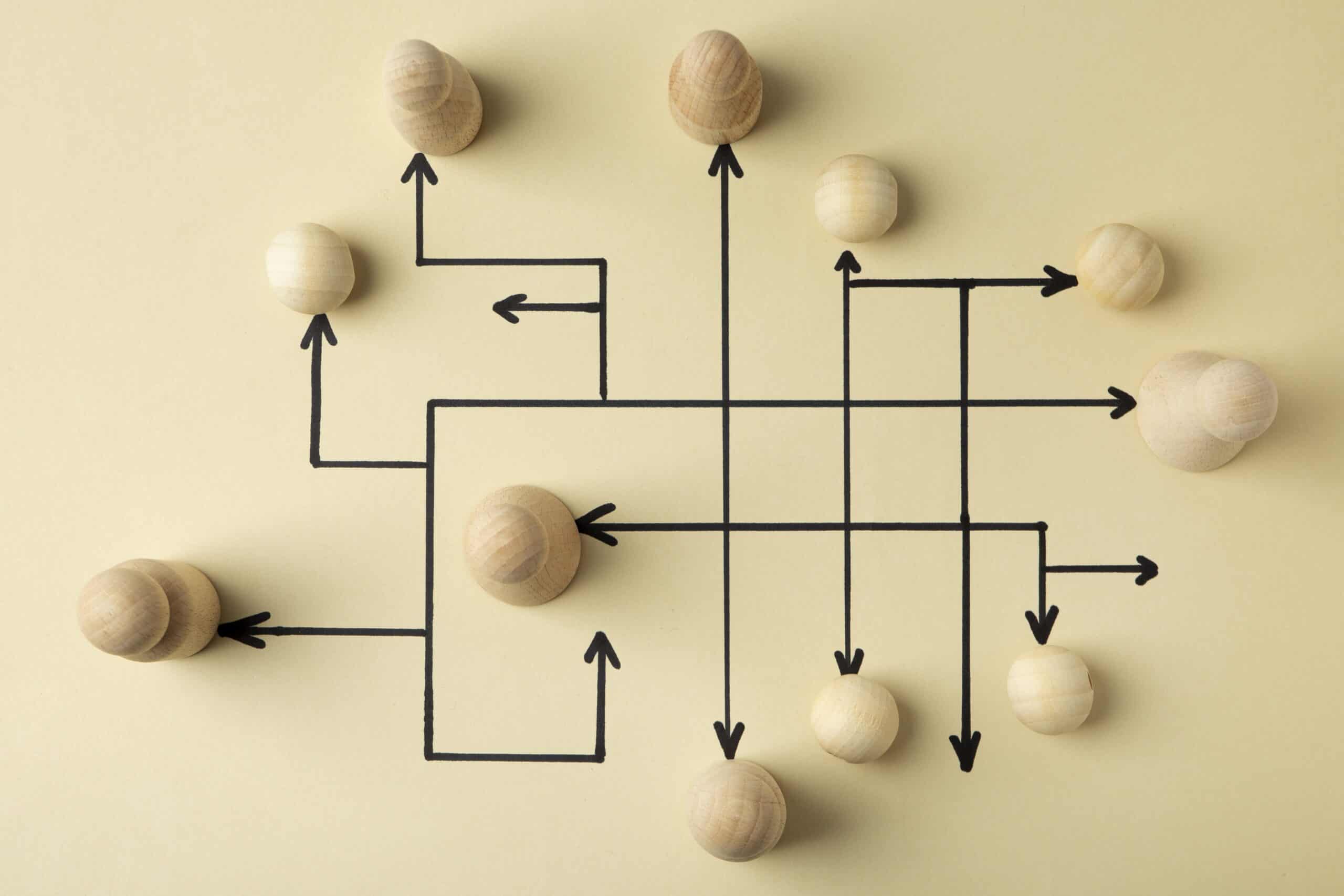 top view wooden pawns arrangement