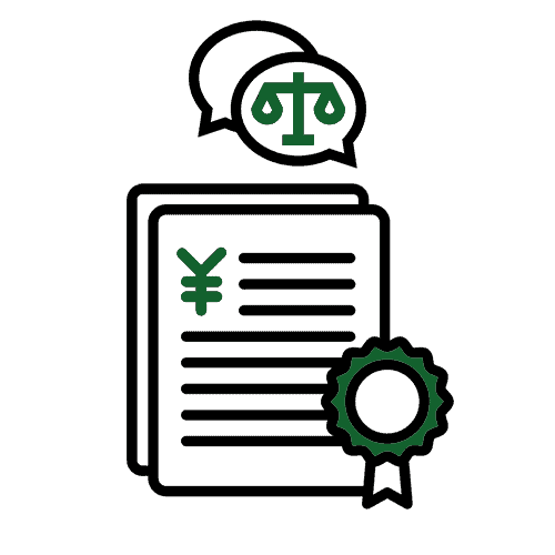A green and black icon depicting a document with a yen symbol, a ribbon seal, and a speech bubble with scales