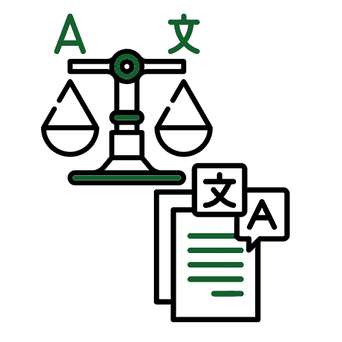 A green and black icon of a scale with letters A and ć–‡ above documents.