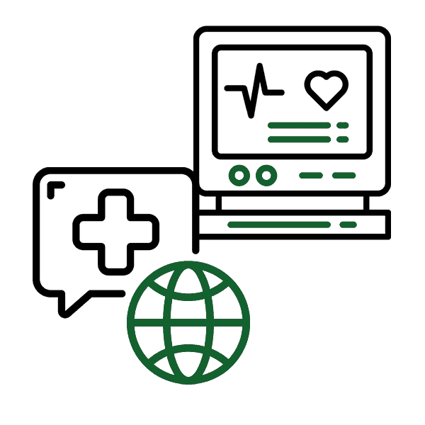 A green and black icon of a medical monitor with a heartbeat, a health bubble, and a globe