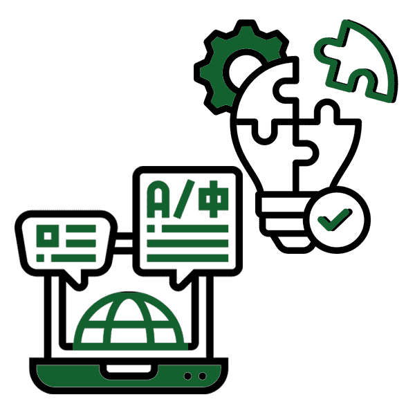 A green and black icon of a laptop with translation bubbles, a gear, a puzzle-piece lightbulb, and a checkmark.
