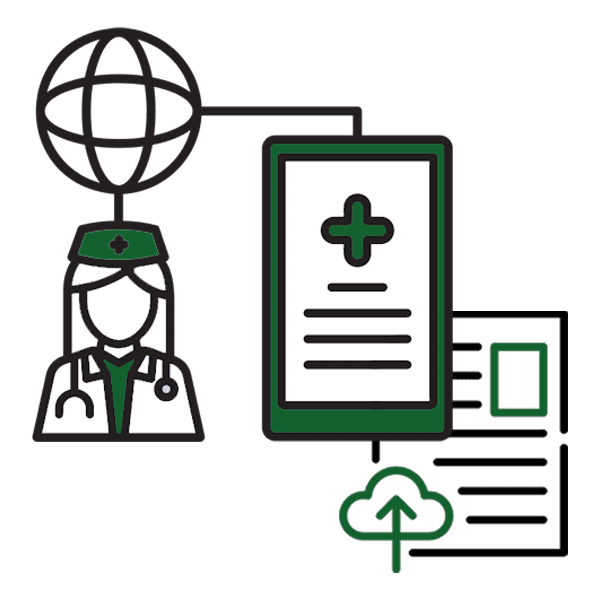 A green and black icon of a globe, a nurse, a digital medical record, and a cloud upload symbol.