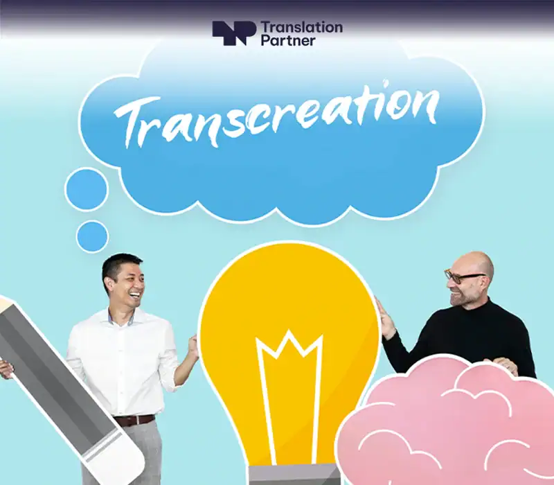 Transcreation and creative translation services graphic with 'Translation Partner' for marketing content.