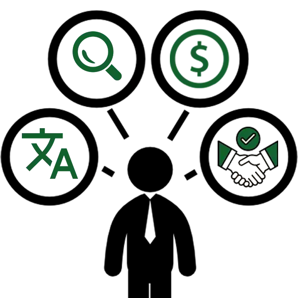 Businessman with icons for search, cost, translation, and partnership in translation