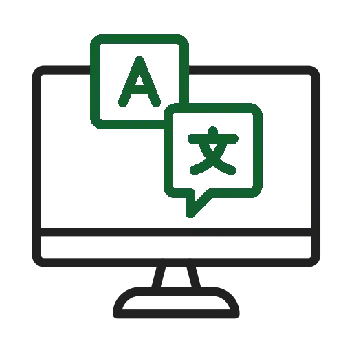 Computer screen icon with English and Chinese translation symbols for localization.