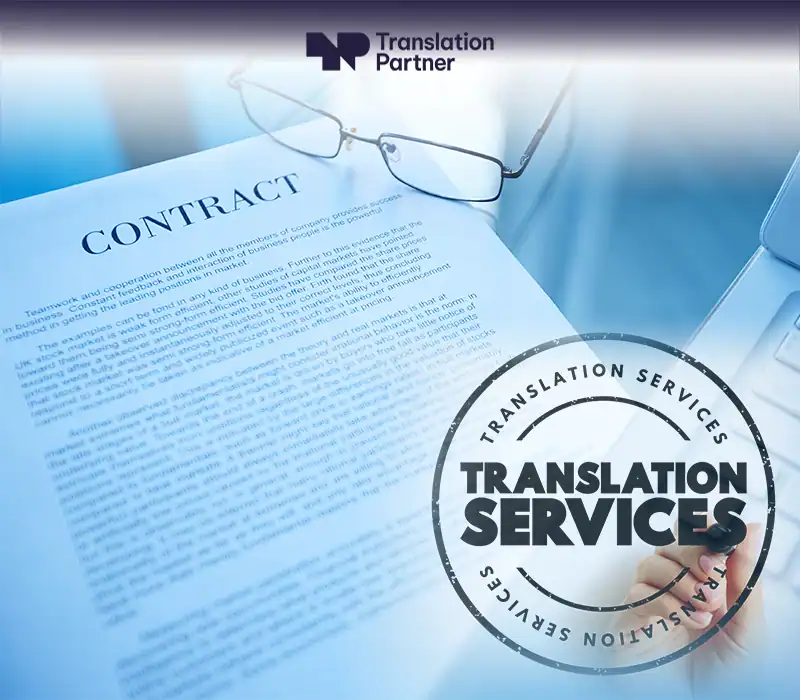 A contract document with glasses and a laptop, overlaid with a "Translation Services" stamp and logo.