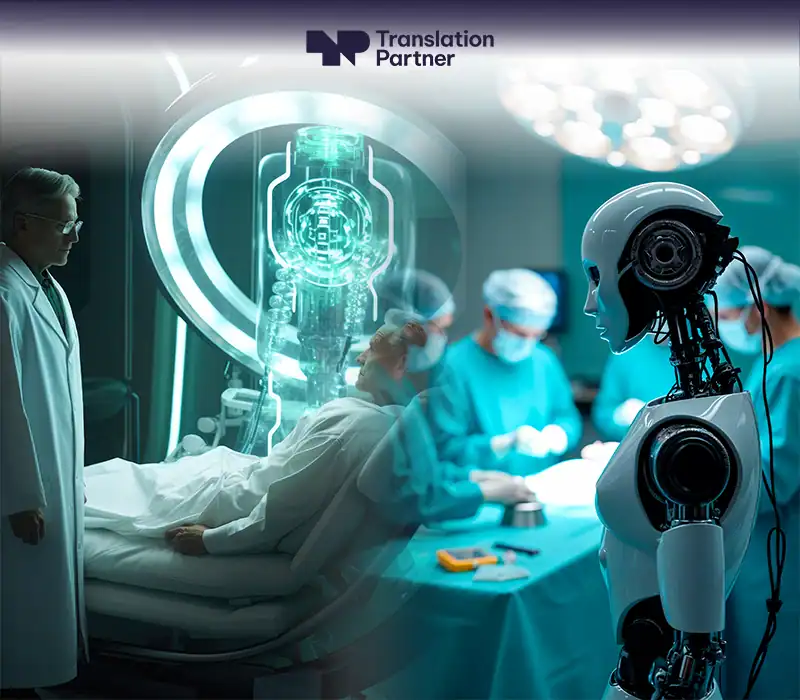 A futuristic operating room with a humanoid robot, surgeons, a patient, and a holographic display, featuring the Translation Partner logo