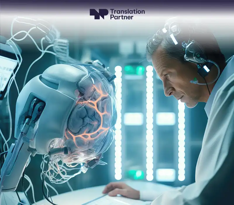 A scientist with a headset examines a glowing brain model inside a futuristic pod, featuring the Translation Partner logo.