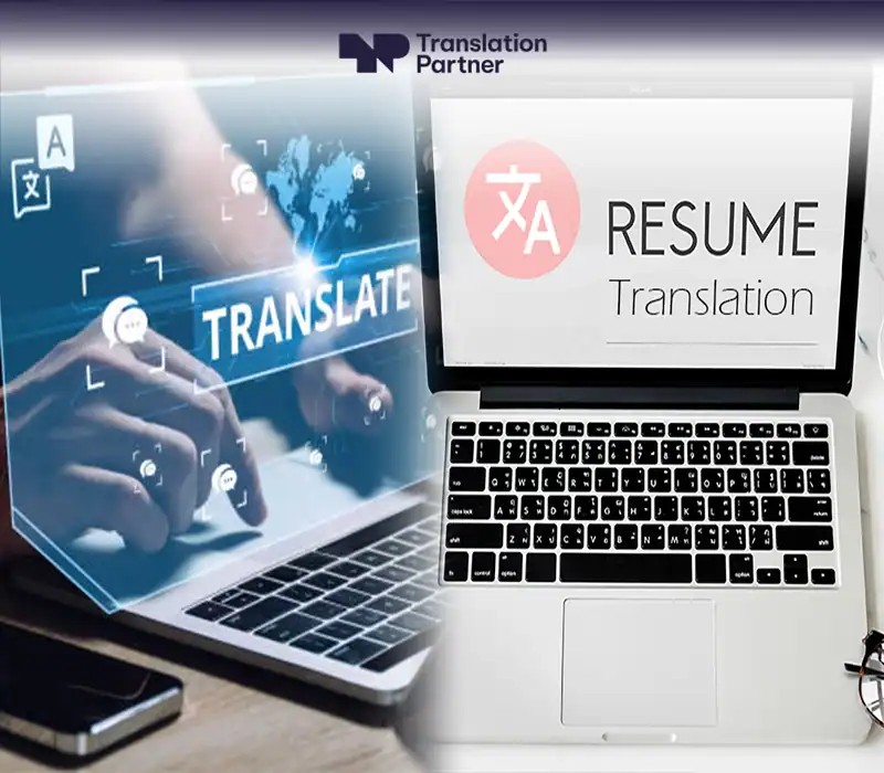 Professional resume translator graphic with Translation Partner for career document translation