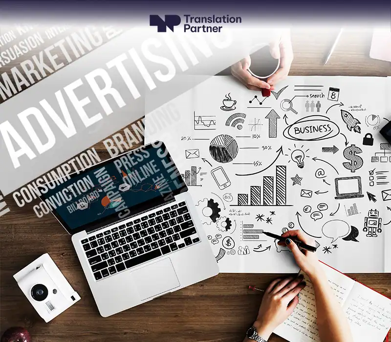 Advertising translation services graphic with brand, press, online, and business metrics.