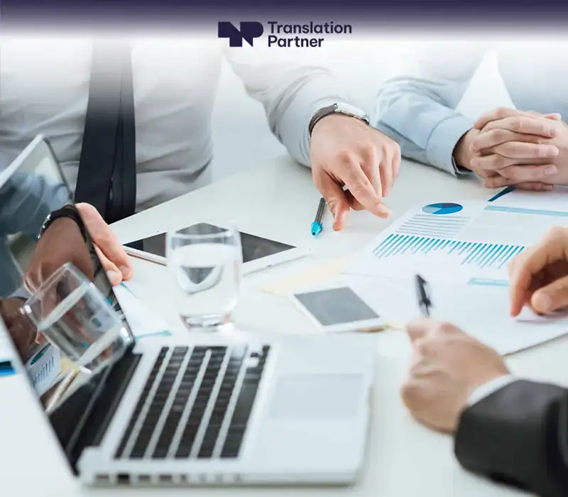Business translation services graphic with 'Translation Partner' for professional corporate content.