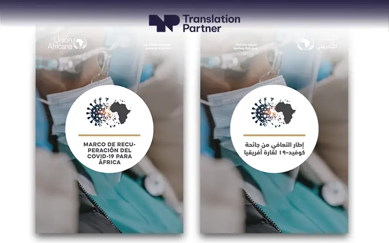 Bilingual COVID-19 recovery document covers in Spanish and Arabic by Translation Partner.