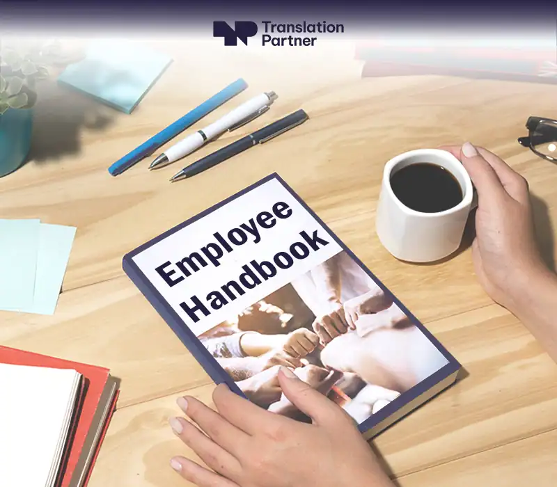 Employee handbook translation graphic with 'Translation Partner' for corporate HR content.