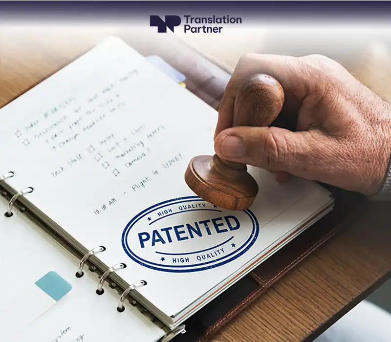 Patent translation services graphic with Translation Partner and high quality badges.