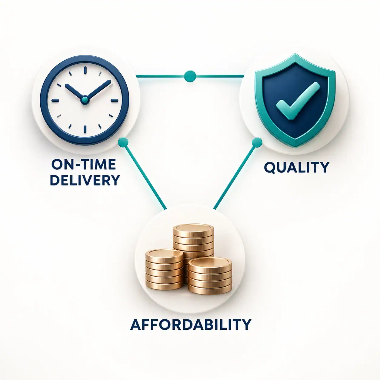 Icons for on-time delivery, quality, and affordability connected in a triangle.