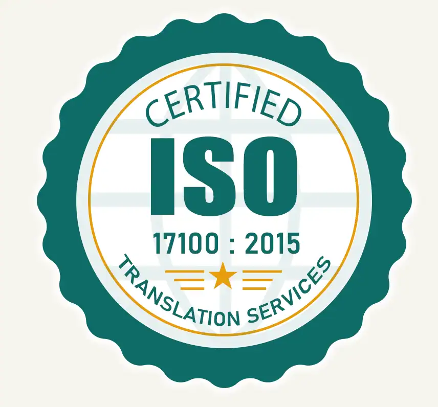 ISO 17100:2015 certified translation services badge with globe and star.